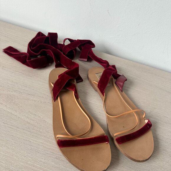 Valentino Ankle Wrap Flat Sandals Sz 37 Maroon Velvet Open Toe Criss-cross Strap - Picture 2 of 7